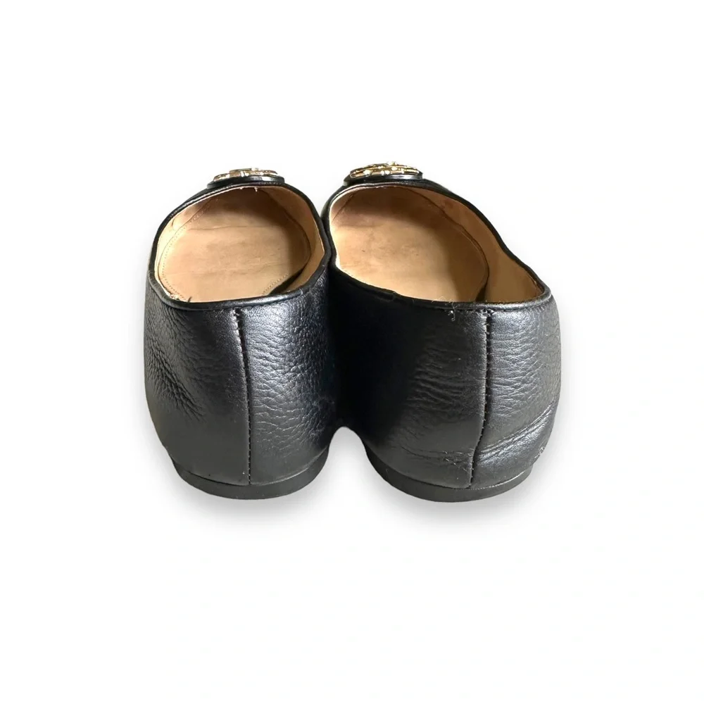 Tory Burch Black Leather Logo Ballet Flats with Gold Emblem - Picture 2 of 11